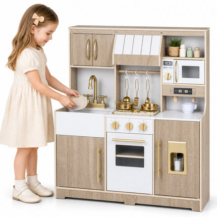 Costzon Wooden Play Kitchen for Kids Toddler Pretend Kitchen Toy with Realistic Lights