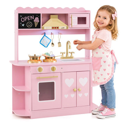 Wooden Play Kitchen with Lights & Sounds and Stove Oven for Toddlers Ages 3+
