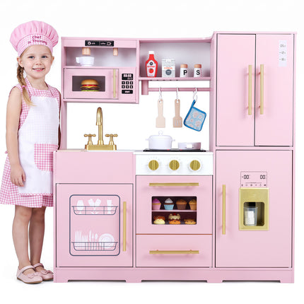 Wooden Play Kitchen with Lights & Sounds and Sink Stove Oven for Kids Ages 3+