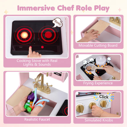 Wooden Play Kitchen with Lights & Sounds and Sink Stove Oven for Kids Ages 3+