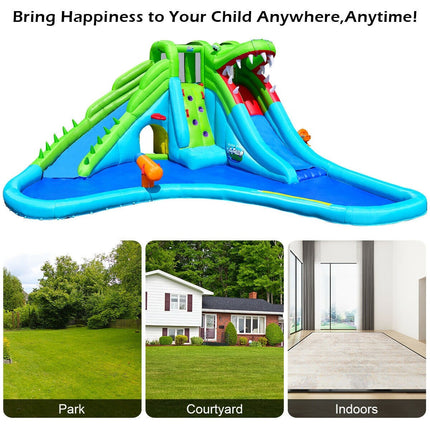 Costzon Inflatable Water Slide, Giant 7 in 1 Crocodile Water Park w/Double Slides (with 780W Air Blower) - costzon