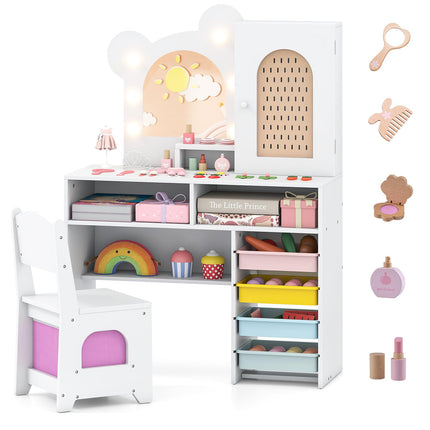 Costzon Girls Vanity Set Wooden Vanity Table and Chair Set