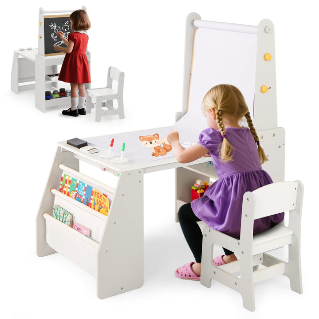 Costzon Kids Art Table and Chair Set 4 in 1 Wooden Easel Activity Desk Set w/Whiteboard