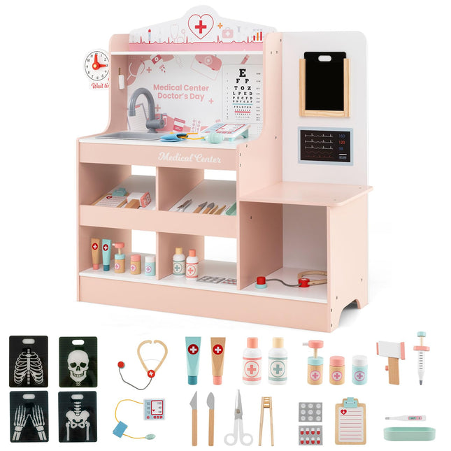 Costzon 2 in 1 Wooden Doctor Playset Role Play Medical Toy w/24 Medical Accessories