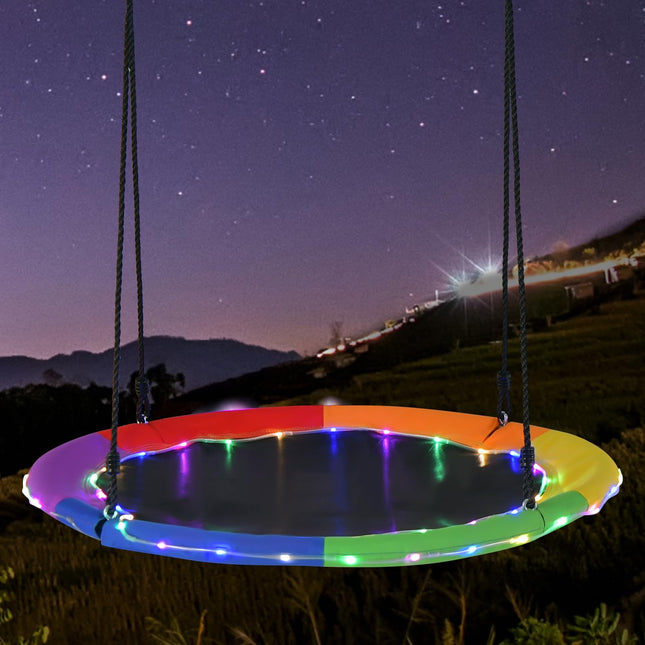 Costzon 40" Flying Saucer Tree Swing with LED Lights for Kids Adults, Saucer Swing with Adjustable Multi-strand Hanging Ropes