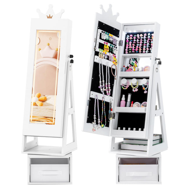 Costzon LED Kids 360° Swivel Jewelry Cabinet with Full Length Mirror