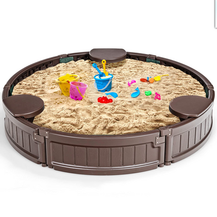 Costzon Elliptical Sandbox & Round Outdoor Sand Box Kit w/Waterproof Cover, Bottom Liner & Built-in Corner Seating