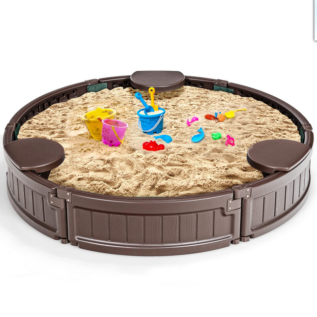 Costzon Elliptical Sandbox & Round Outdoor Sand Box Kit w/Waterproof Cover, Bottom Liner & Built-in Corner Seating