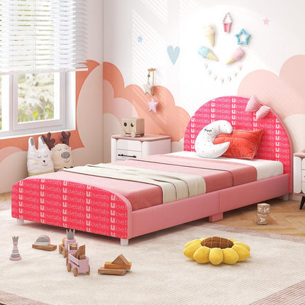 Costzon Twin Bed Frames for Kids, Wood Upholstered Twin Bed Platform with Slat Support, Fits Standard Twin Mattress