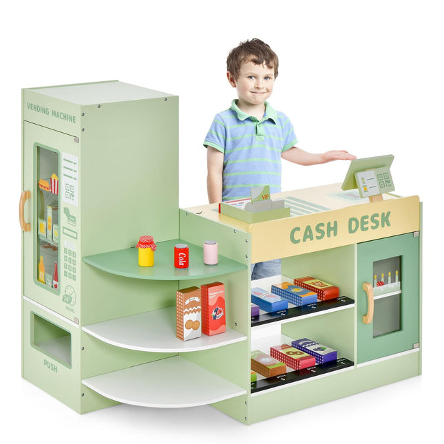 Costzon Pretend Grocery Store Playset, Wooden Supermarket Toy Set for Kids with Chalkboard