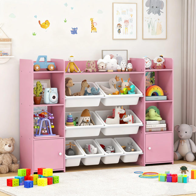 Costzon Kids Toy Storage Organizer Shelf 4-Tier Large Storage Cabinet with 6 Cubbies & 8 Removable Bins