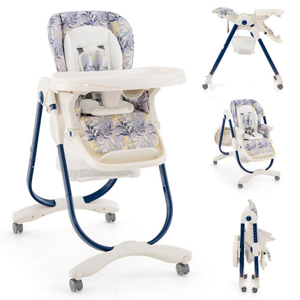 High Chair, Foldable Baby High Chair with Adjustable Height, Recline & Footrest, Double Removable Tray, Storage Basket