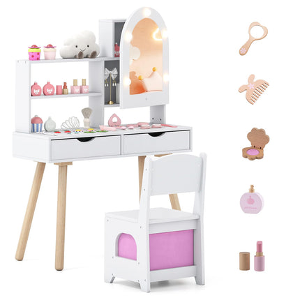 Costzon Kids Vanity with Lights Wooden Kids Vanity Table and Chair Set