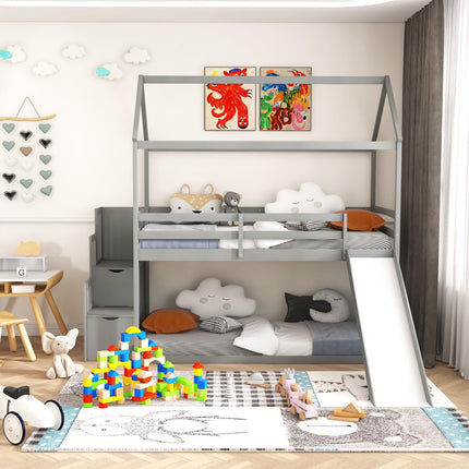 Costzon House Bunk Bed, Twin Over Twin Wood Kids Bed Frame with Slide & Storage Staircase