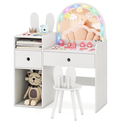 Costzon Girls Vanity Set with Mirror and Stool and Lights
