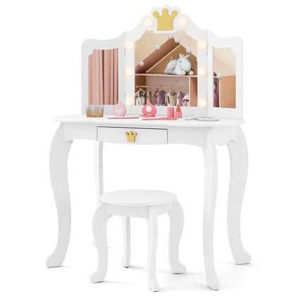 Costzon Kids Vanity with Lights, Girls Vanity Set with Mirror and Stool, Drawer, 2 in 1 Princess Makeup Desk Dressing Table