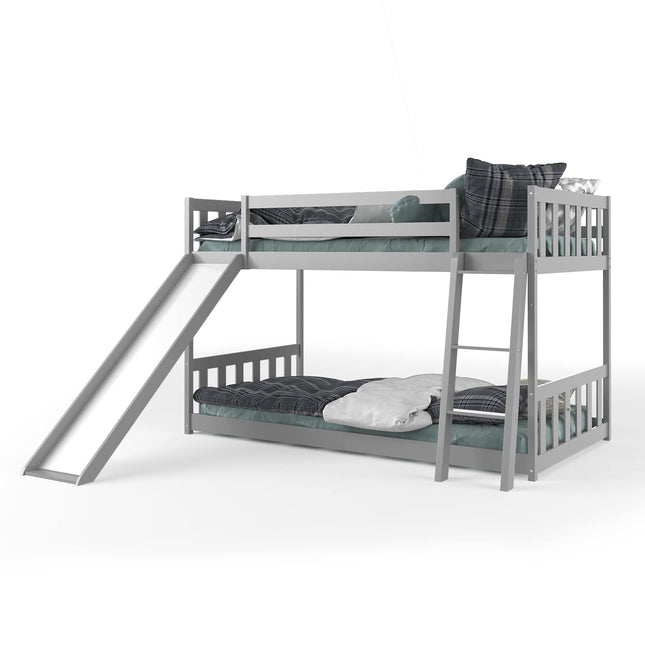 Costzon Twin Over Twin Bunk Bed Wooden Low Bunk Bed with Slide & Ladder