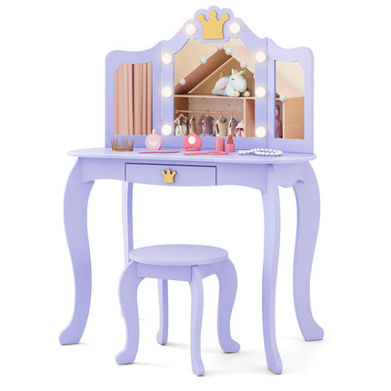 Costzon Kids Vanity with Lights, Girls Vanity Set with Mirror and Stool, Drawer, 2 in 1 Princess Makeup Desk Dressing Table