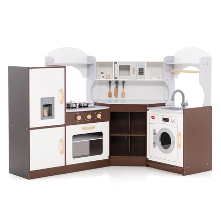 Costzon Kids Corner Kitchen Playset, Wooden Play Kitchen, Little Chef Pretend Cooking Toy Set