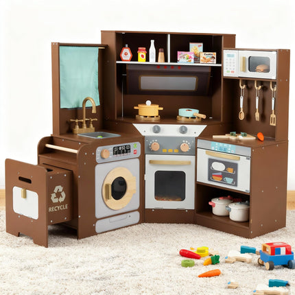 Costzon Corner Play Kitchen Large Pretend Play Kitchen w/Real Light & Sound