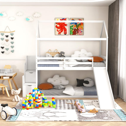 Costzon House Bunk Bed, Twin Over Twin Wood Kids Bed Frame with Slide & Storage Staircase