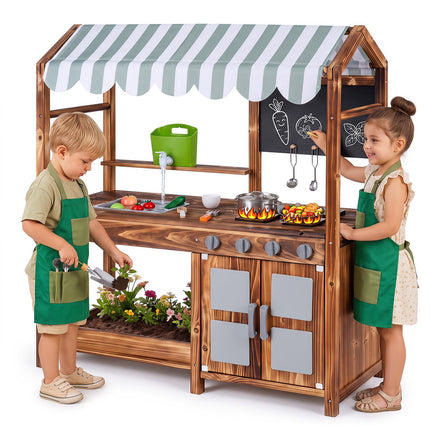Costzon Wooden Kids Mud Kitchen with Canopy 2-Sided Chalkboard