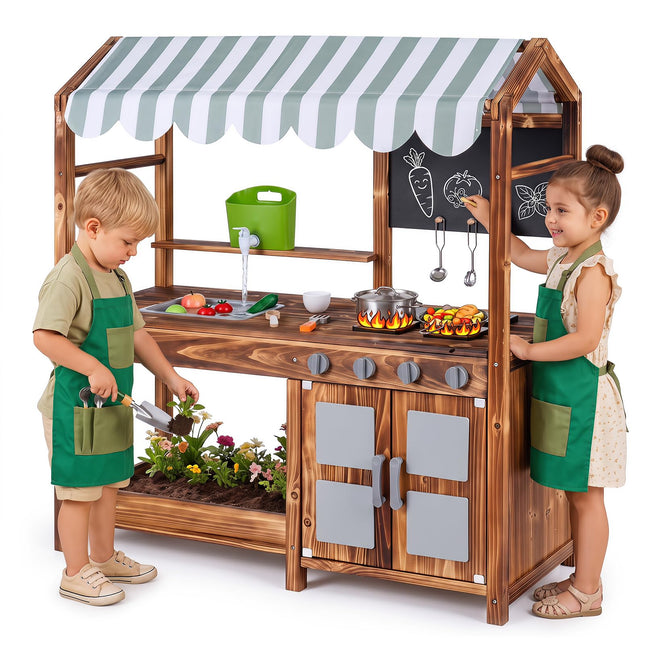 Costzon Wooden Kids Mud Kitchen with Canopy 2-Sided Chalkboard