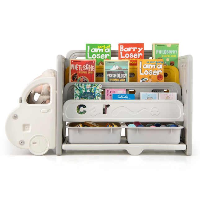 Costzon Car-Shaped Toy and Book Storage Organizer with 3-Tier Bookshelf