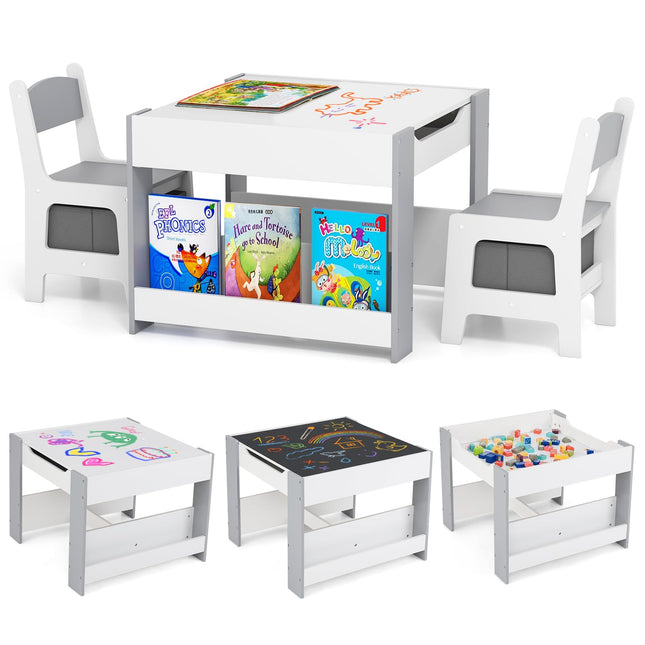 Costzon Kids Table and Chairs, 4 in 1 Wooden Activity Desk Set, Toddler Table and Chair Set