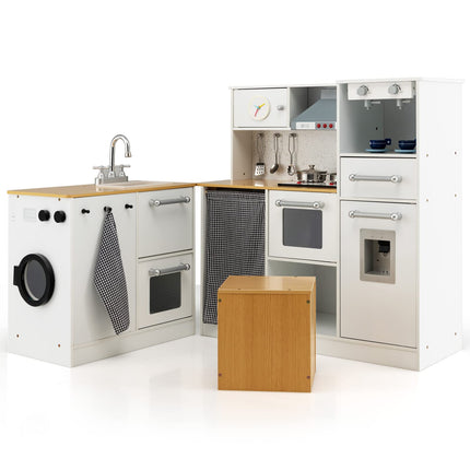 Costzon Kids Corner Kitchen Playset, Wooden Pretend Play Kitchen Toy Set