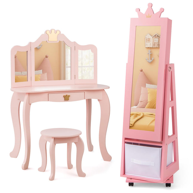 Costzon Kids Vanity & Jewelry Armoire Cabinet, Kids Vanity Table and Chair Set