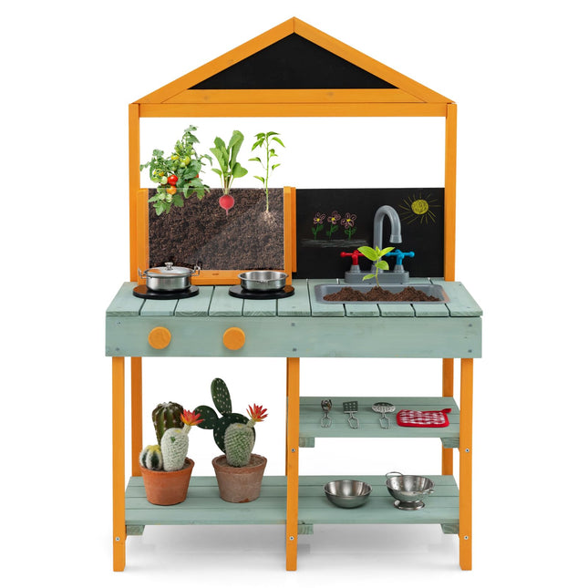 Costzon Mud Kitchen, Wooden Kids Kitchen Playset with See-Through Planter Box, Blackboard