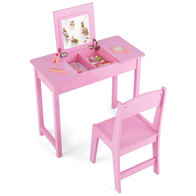 Costzon Kids Vanity, 2 in 1 Girls Vanity Set with Flip Top Mirror, Hidden Storage Space