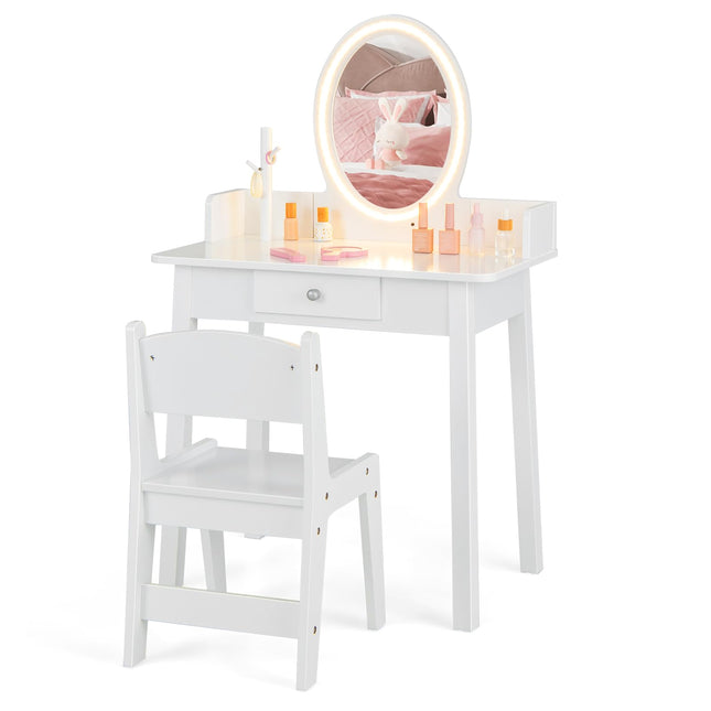 Costzon Kids Vanity, Girls Vanity Set with Mirror and Stool and Lights, 2 in 1 Wooden Princess Makeup Desk Dressing Table