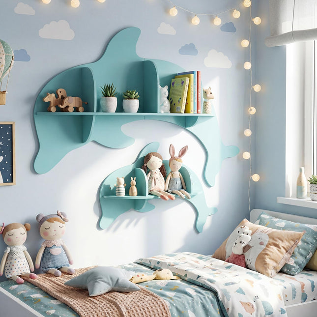 Costzon 2 Pieces Floating Dolphin Shelves | Space Saving Wall Shelves for Kid's Room