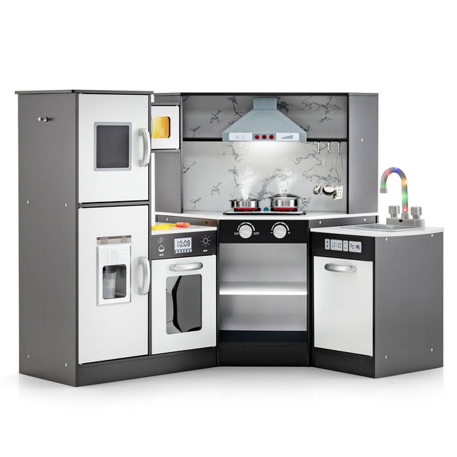 Costzon Corner Kids Kitchen Playset, Wooden Pretend Toy Kitchen Set, Toddler Play Kitchen for Boys Girls 3+