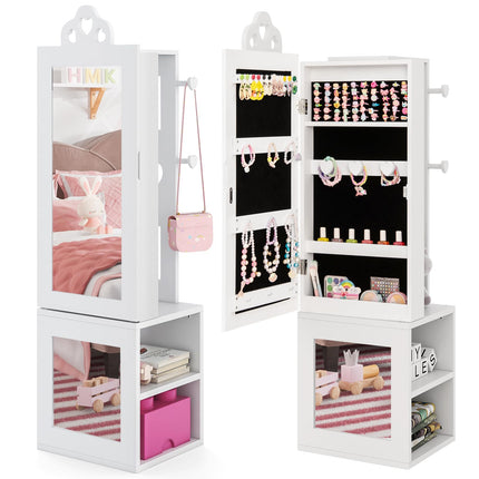 Costzon Kids Jewelry Armoire Cabinet, 46" Standing Jewelry Organizer with Full-Length Mirror