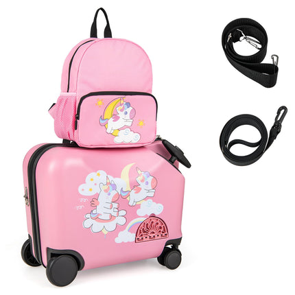 Costzon 2PC Kids Luggage Set, 3 in 1 Toddler 18" Ride-on & Carry-on Hardshell Suitcase with Wheels
