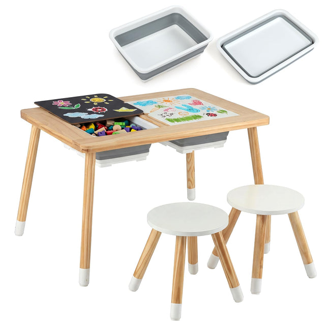Costzon All-in-One Wooden Kids Activity Table Set w/Double-Sided Boards & 2 Foldable Storage Bins