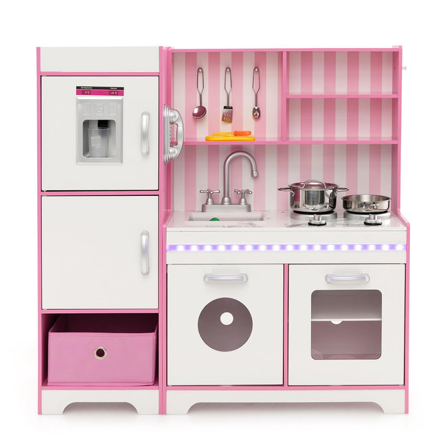 Costzon Kids Kitchen Playset, Wooden Little Chef Pretend Play Kitchen with Deluxe LED Lights, Pink