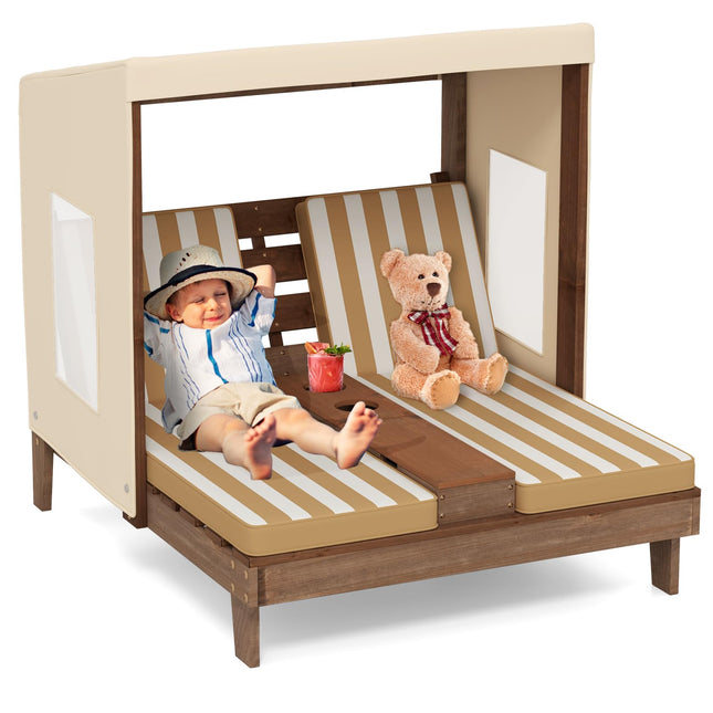 Costzon Kids Lounge Chair Outdoor, Wood Double Seat Chaise Lounge with Canopy, Cup Holders