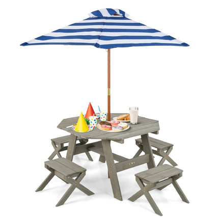 Costzon Kids Picnic Table, Fir Wood Octagon Kids Table and Chair Set with Removable Umbrella