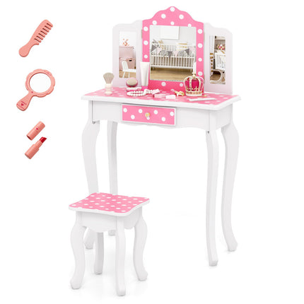Costzon Kids Vanity, Girls Vanity Set with Mirror and Stool