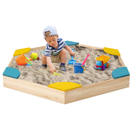 Costzon Kids Sandbox, Hexagon Large Cedar Wood Sand Pit w/ 6 Built-in Corner Seating