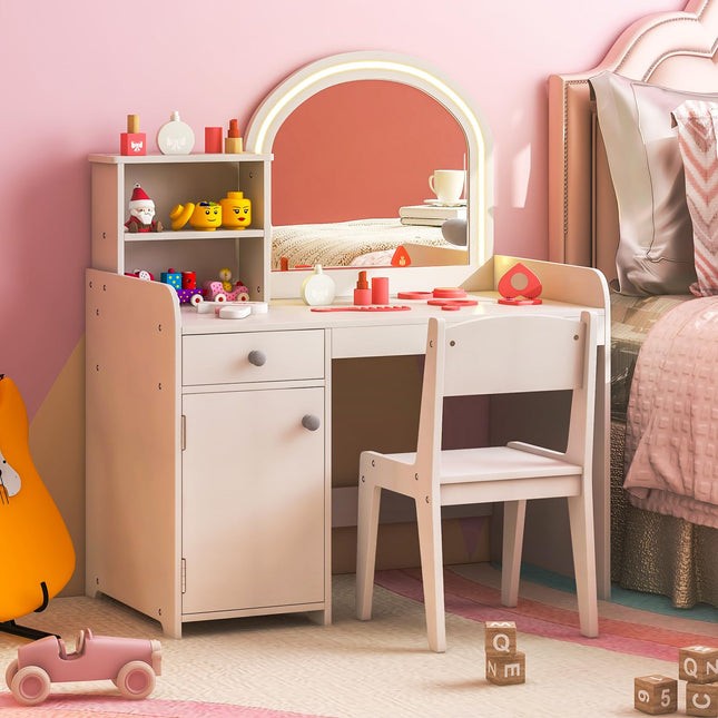 Girls Vanity Set with Mirror and Stool and Lights, Makeup Vanity Desk - Costzon