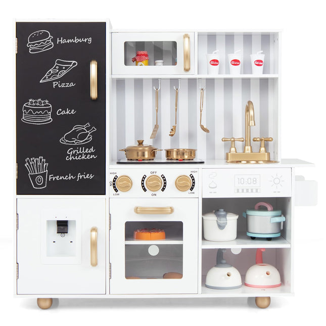Costzon Play Kitchen for Kids, Wooden Toy Kitchen Set with Stoves, Microwave
