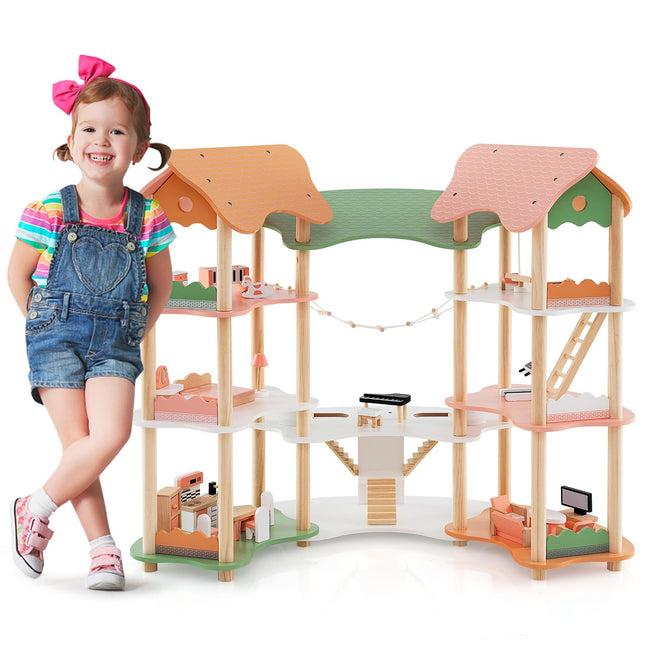 Costzon Wooden Dollhouse for Kids, 3-Story Luxury Doll House with 32 Pieces Furniture Accessories