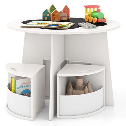 Costzon Kids Table and Chairs, 5 Pieces Children Round Table w/ 4 Storage Stools & Chalkboard Tabletop for Activity