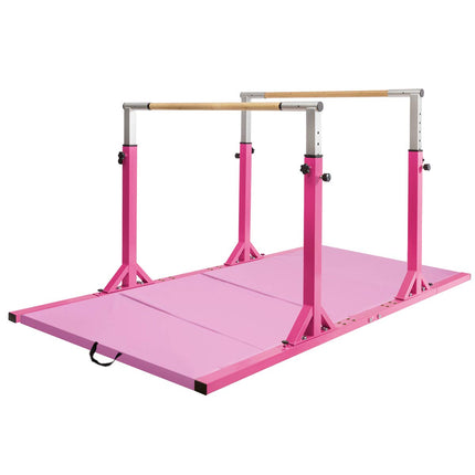 Costzon Double Horizontal Bars, 11-Level 38-55" Adjustable Heights, 264lbs Capacity (Double Bars+10 ft Mat, Pink)