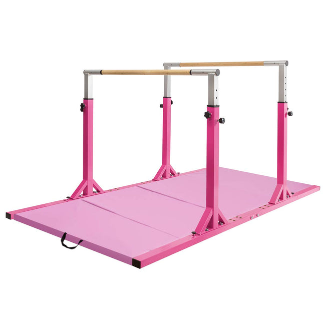 Costzon Double Horizontal Bars, 11-Level 38-55" Adjustable Heights, 264lbs Capacity (Double Bars+10 ft Mat, Pink)